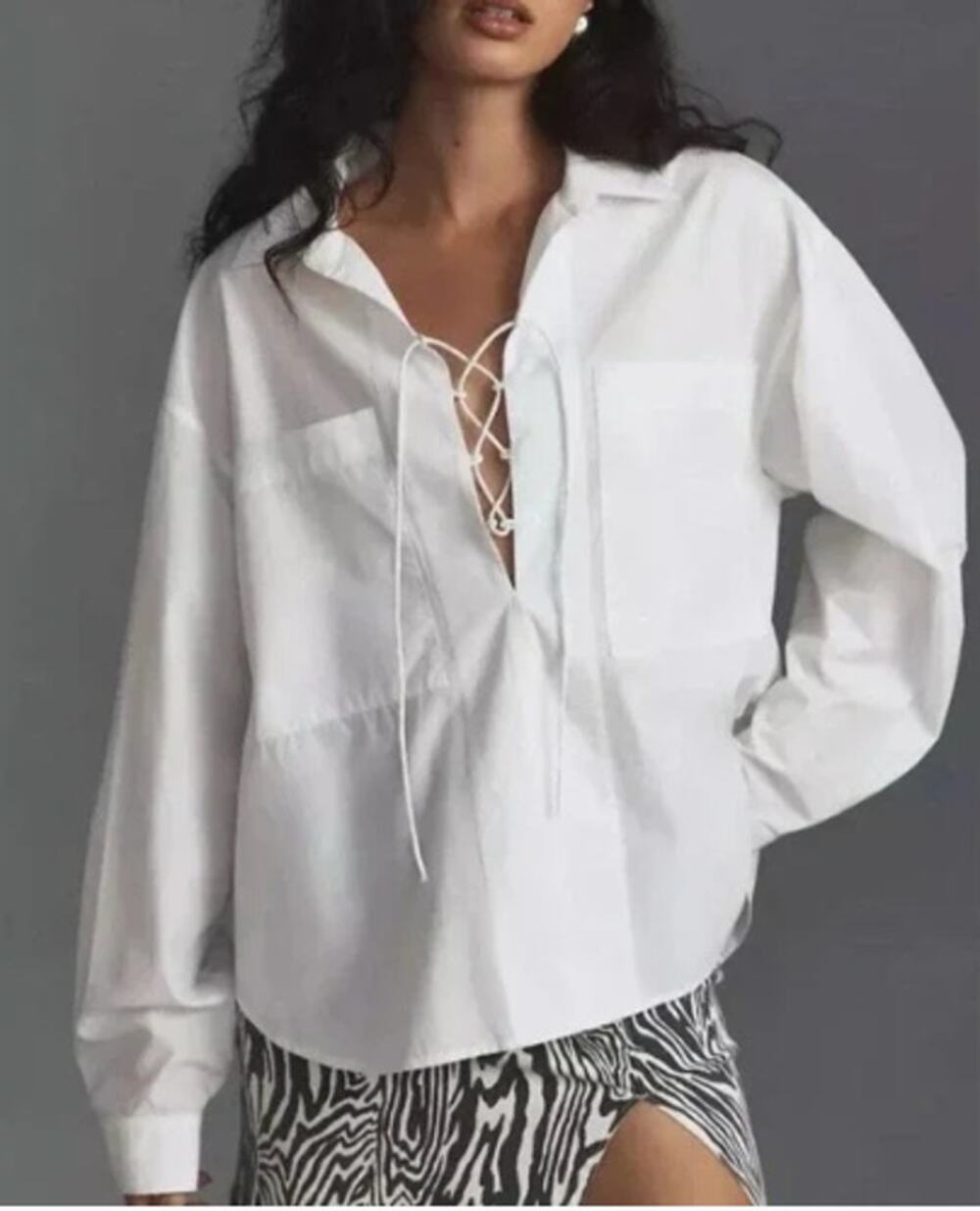 MOTHER The Roomie Lace Up Shirt XS NWT White Cotton Blouse Oversized Long Sleeve